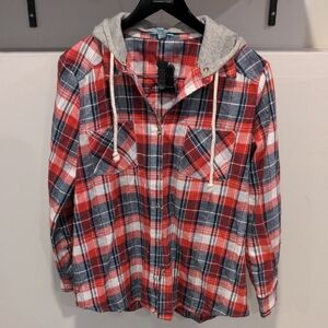 Red and Blue Plaid Women's Shirt with Hood
